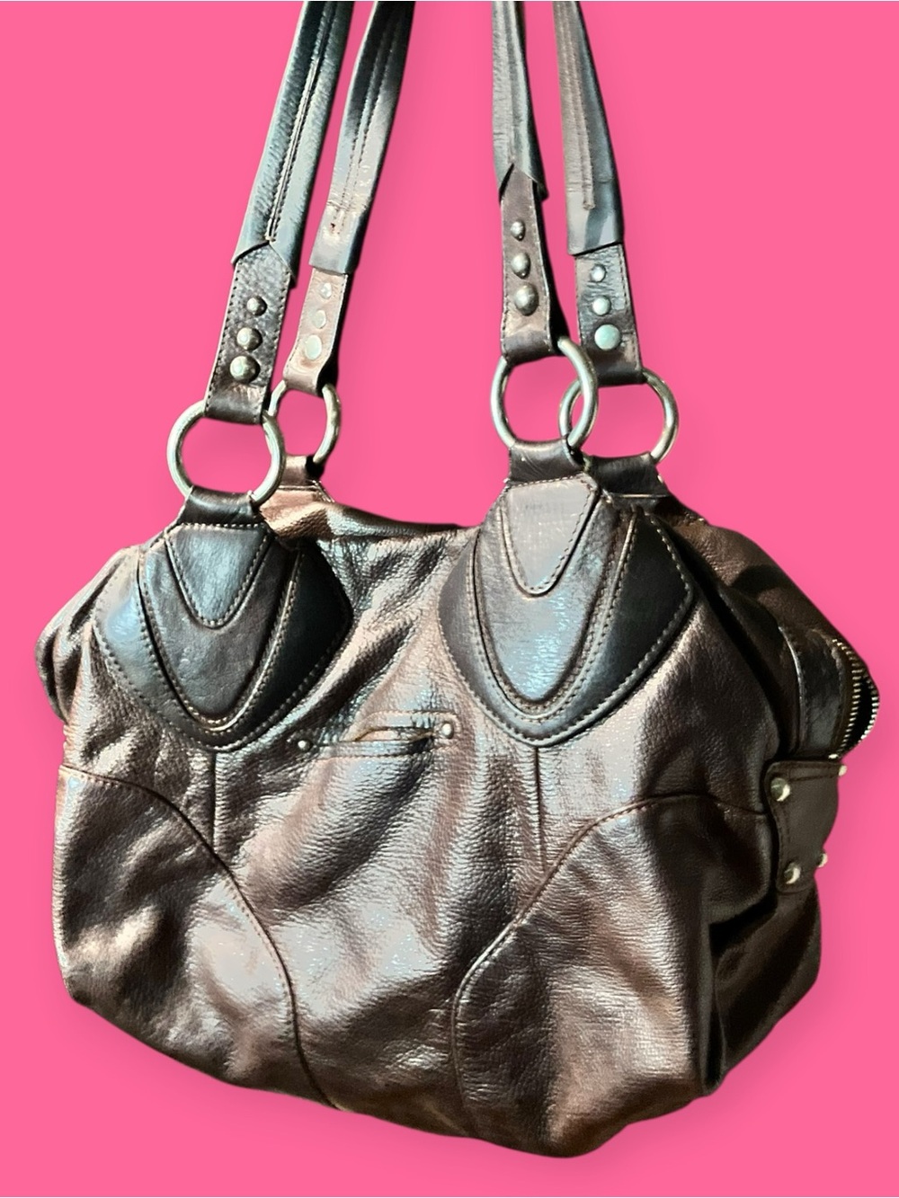 Studded Brown Leather Shoulder Bag - Picture 4 of 9